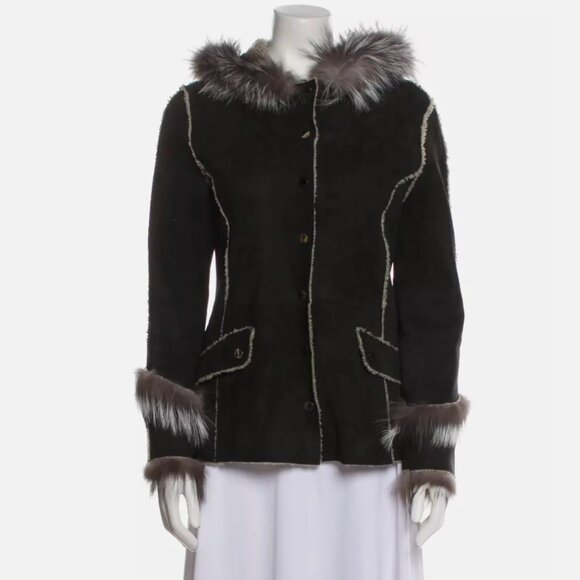 Andrew Elissee USA Luxury Shearling Real Fur Trim Hooded Coat Jacket Sheepskin M - Picture 1 of 8